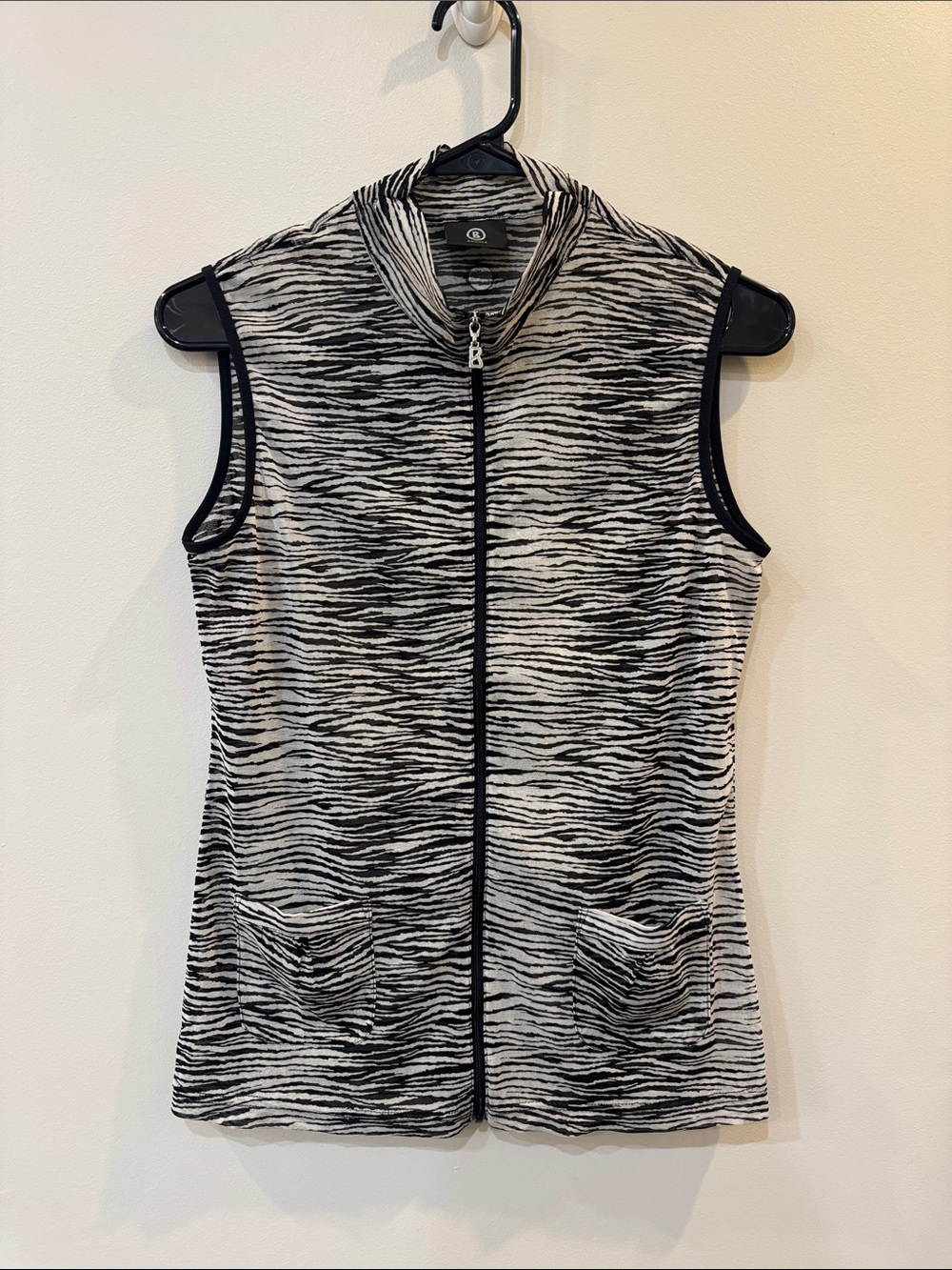 Bogner Black and White Zebra-Print Sleeveless Zip Vest